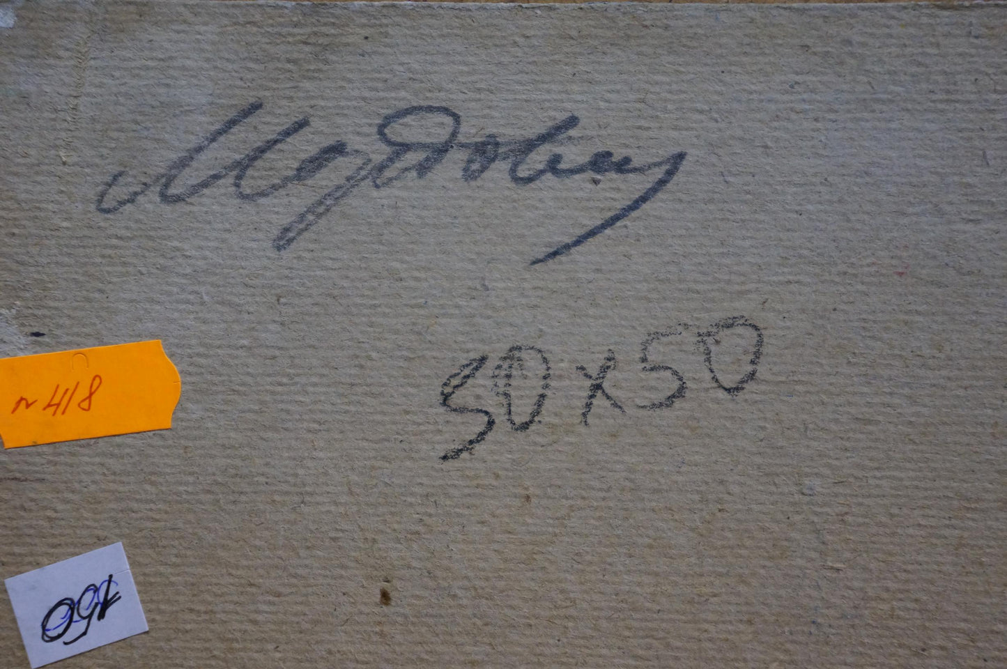 Back of Fog oil painting by Mordovets Andrey Nikitich with handwritten signature and dimensions on beige canvas