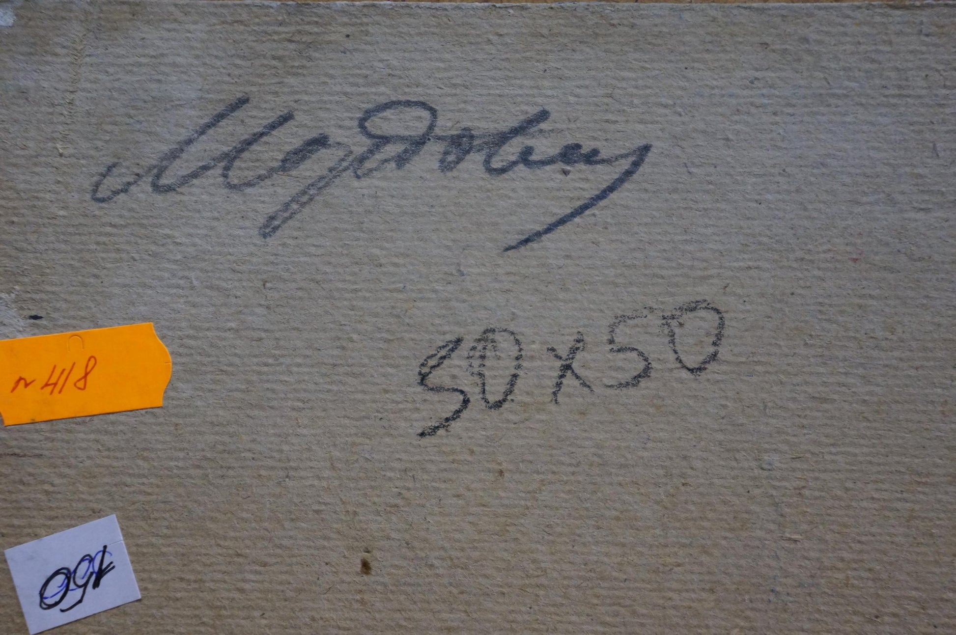 Back of Fog oil painting by Mordovets Andrey Nikitich with handwritten signature and dimensions on beige canvas