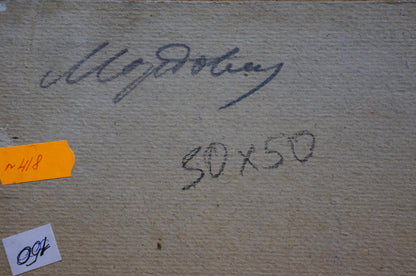 Back of Fog oil painting by Mordovets Andrey Nikitich with handwritten signature and dimensions on beige canvas