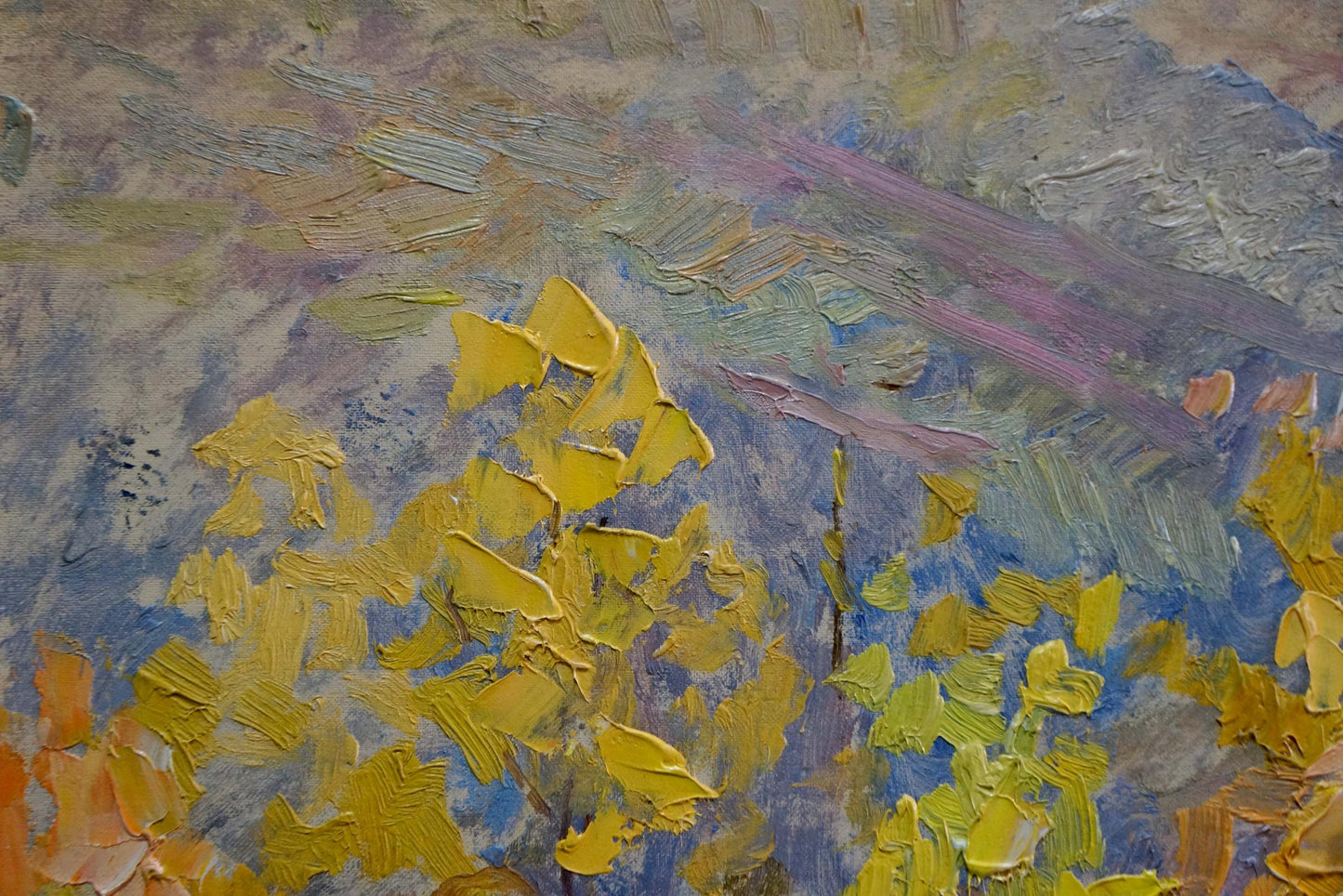 Oil painting Walk in the Park Zlyden by Yuriy Fedorovich, vibrant yellow leaves on purple blue gray backdrop