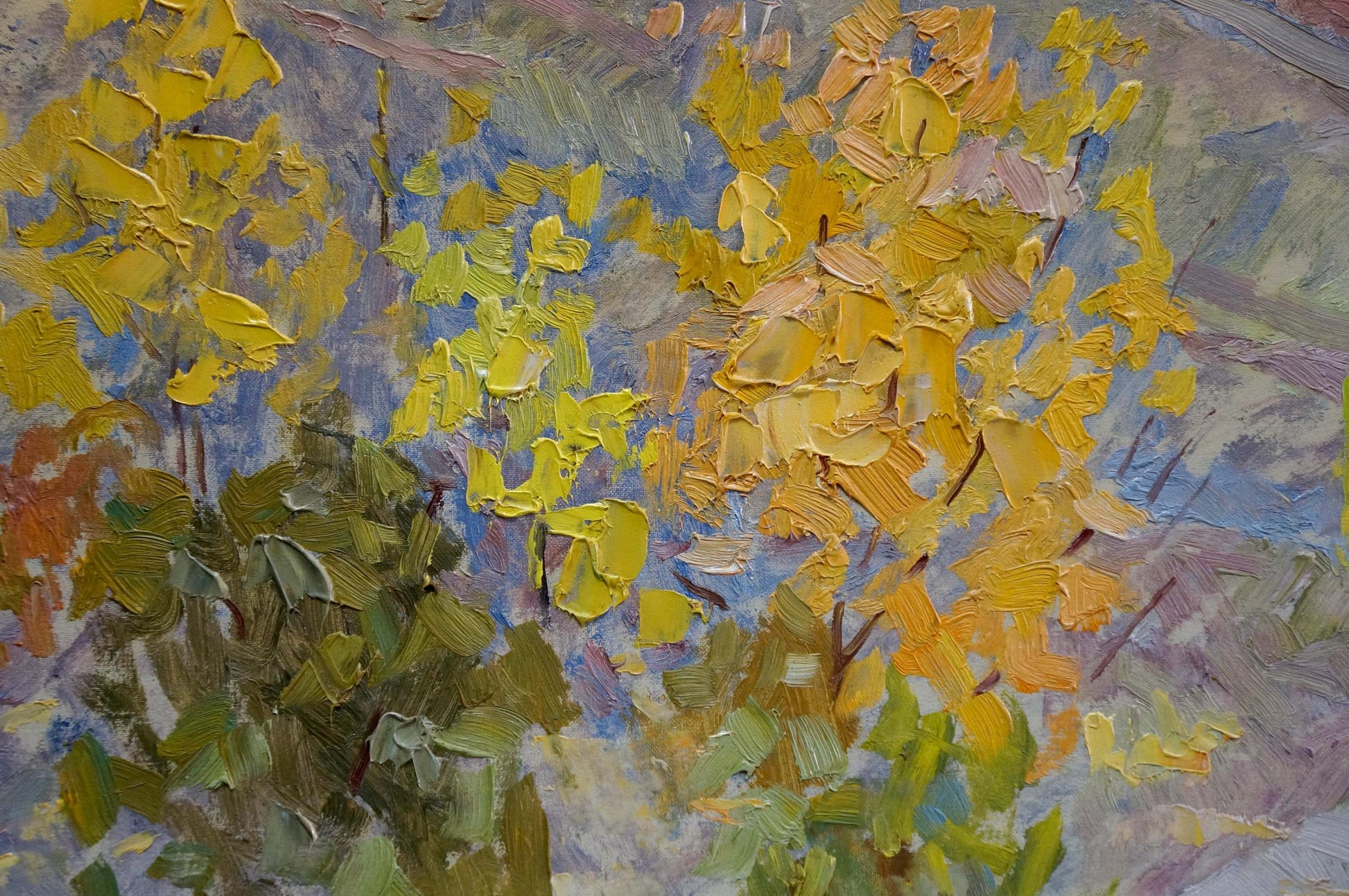 Oil painting Walk in the Park Zlyden by Yuriy Fedorovich, vibrant foliage and sky