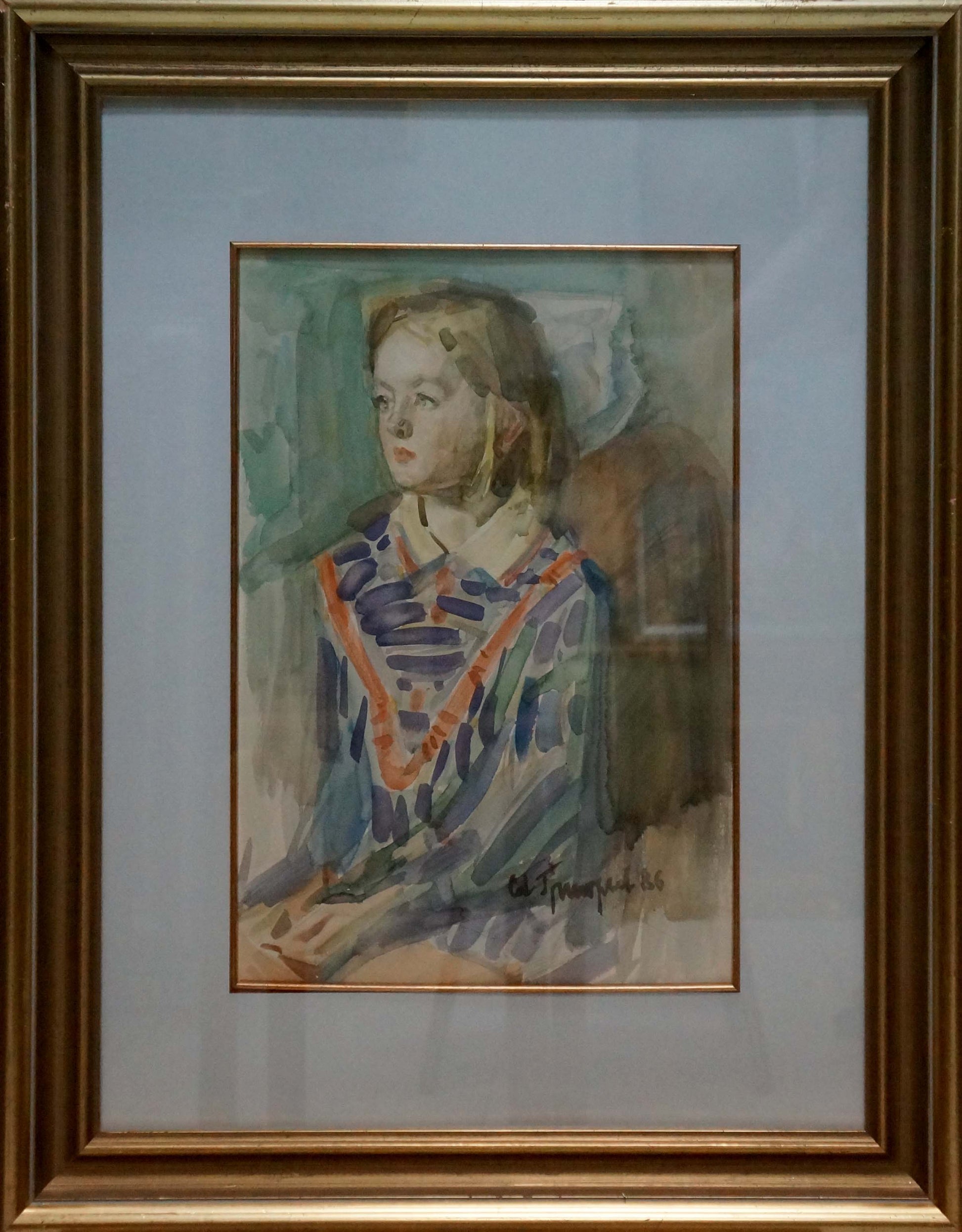 Oil painting portrait of girl in blue orange garment by Sergey Grigoryev