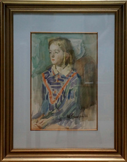 Oil painting portrait of girl in blue orange garment by Sergey Grigoryev