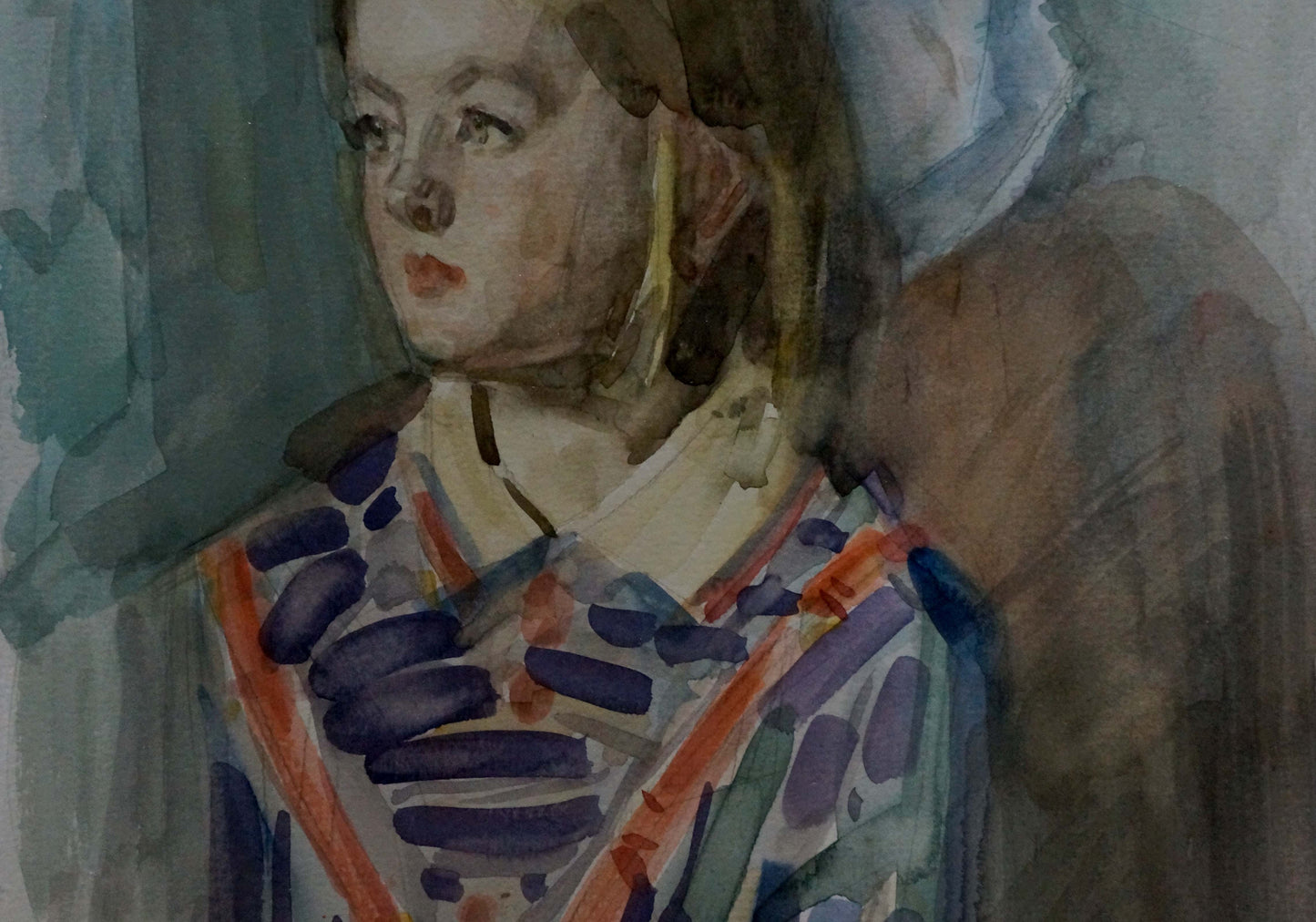 Watercolor portrait of girl in abstract purple orange green by Sergey Grigoryev