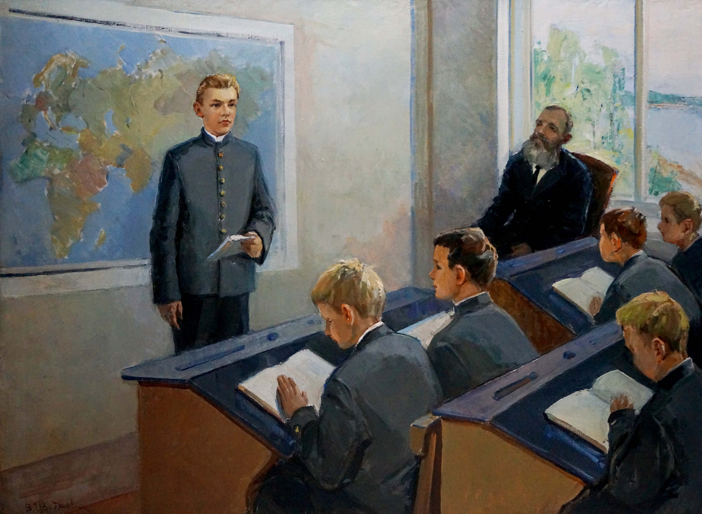 Oil painting by Tsvetkova Valentina Petrovna: boy in gray uniform addresses class