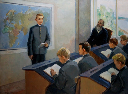 Oil painting by Tsvetkova Valentina Petrovna: boy in gray uniform addresses class