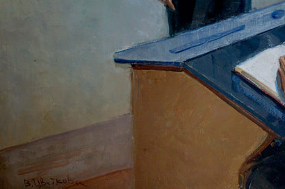 Blue wooden desk with Tsvetkova Valentina Petrovna oil painting book