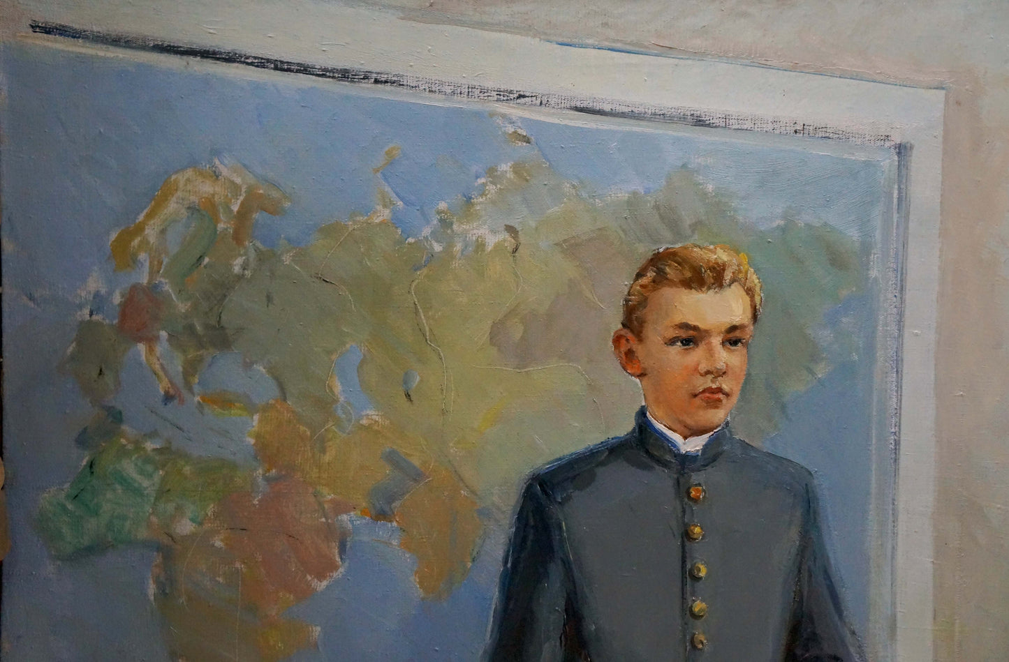 Oil painting by Tsvetkova Valentina Petrovna: boy in blue uniform before world map