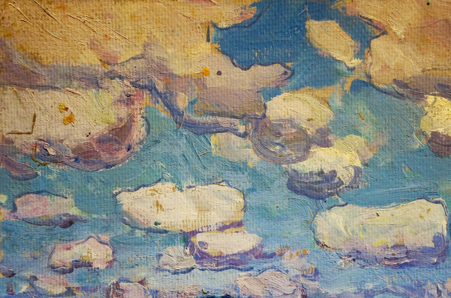 Oil painting Golden Grain Fields by Georgy Kolosovsky with blue clouds