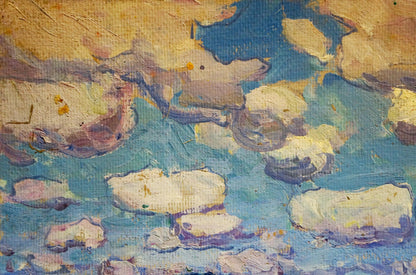 Oil painting Golden Grain Fields by Georgy Kolosovsky with blue clouds