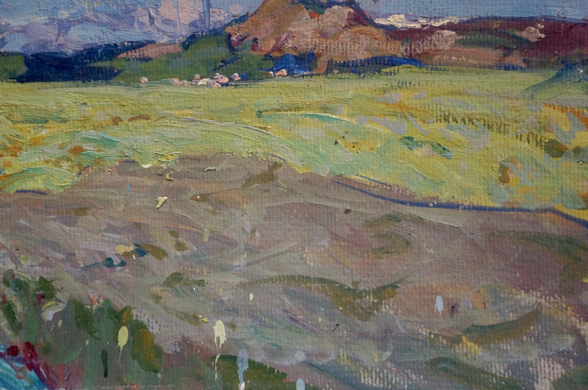 Oil painting Golden Grain Fields by Georgy Kolosovsky, green fields and hills