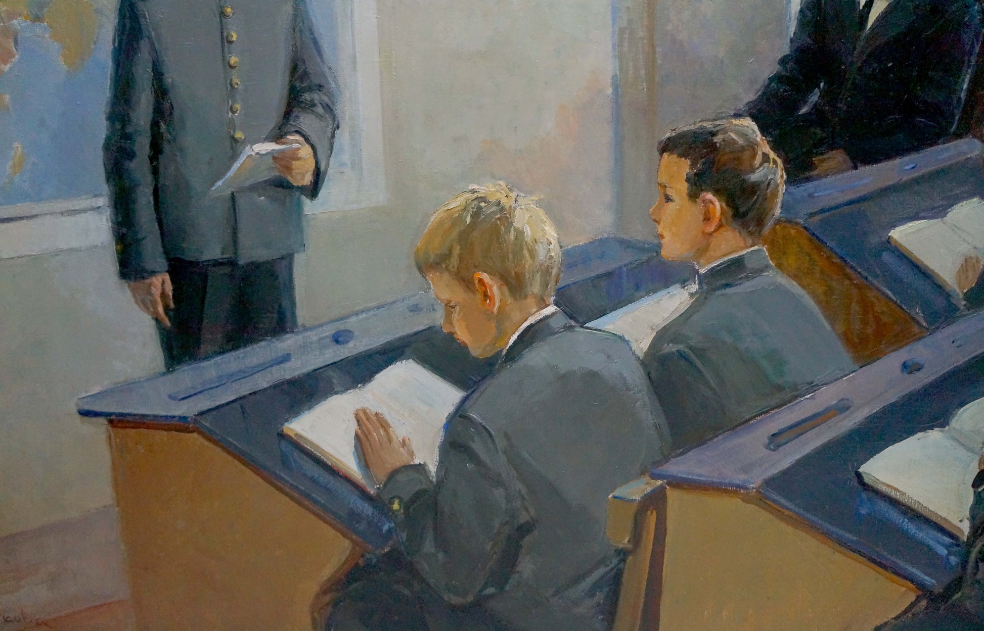 Oil painting of dark gray school desks with blue trim by Tsvetkova Valentina Petrovna