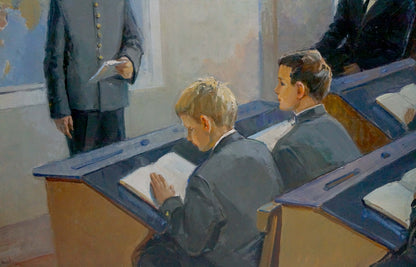 Oil painting of dark gray school desks with blue trim by Tsvetkova Valentina Petrovna