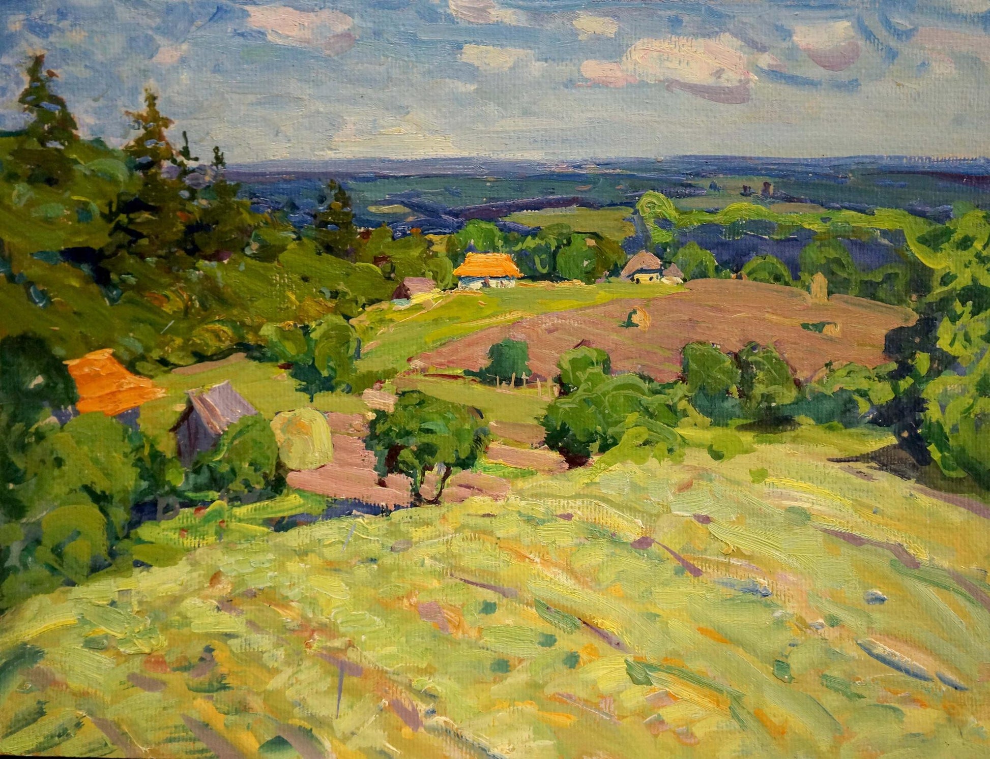 Vibrant impressionist oil painting by Kolosovsky Georgy Sergeevich: green hills, trees, cottages