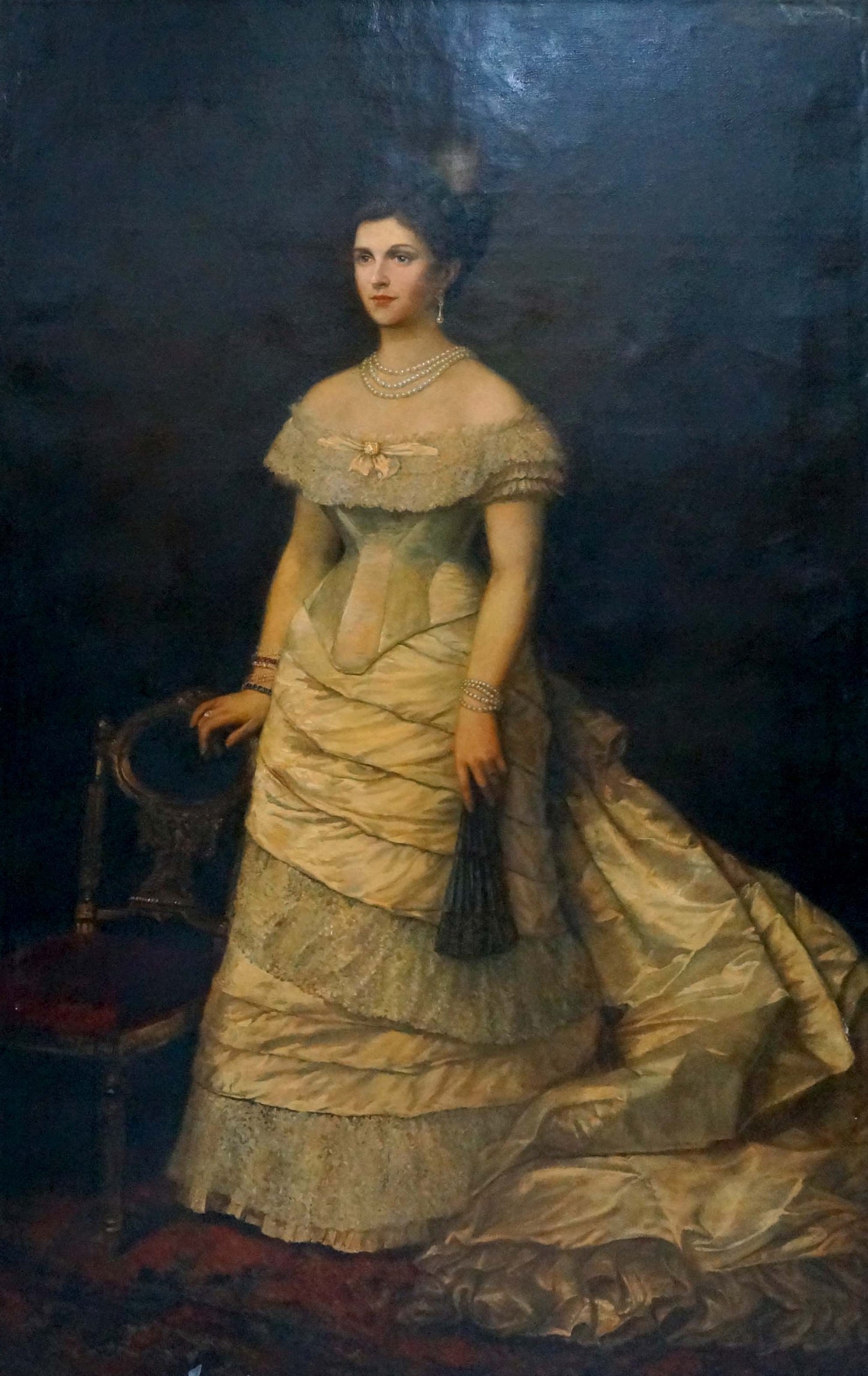 Oil painting of woman in off-white satin gown by Leman Nikolay Adolfovich