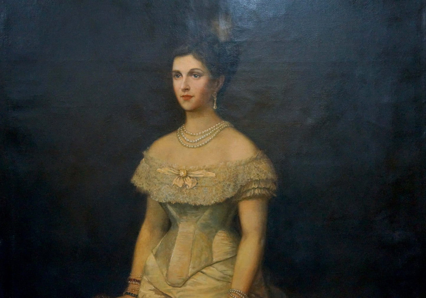 Oil painting portrait of woman in cream lace gown by Leman Nikolay Adolfovich