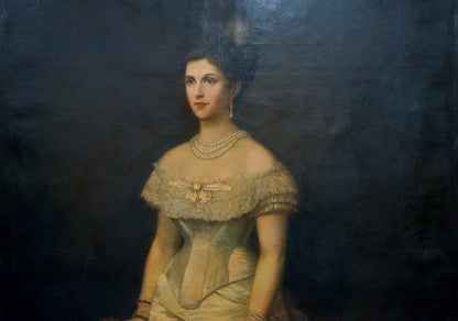 Oil painting portrait of woman in cream lace gown by Leman Nikolay Adolfovich