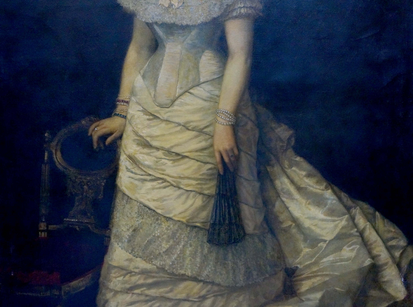 Oil painting of woman in cream satin gown with lace by Leman Nikolay Adolfovich