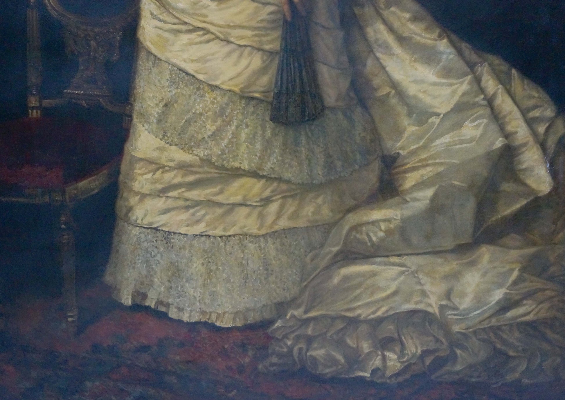 Oil painting of woman in luxurious gold satin gown by Leman Nikolay Adolfovich