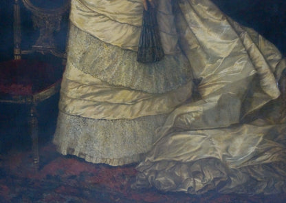 Oil painting of woman in luxurious gold satin gown by Leman Nikolay Adolfovich