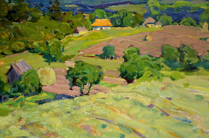 Vibrant impressionistic oil painting by Kolosovsky Georgy Sergeevich: Its a nasty day hills cottages
