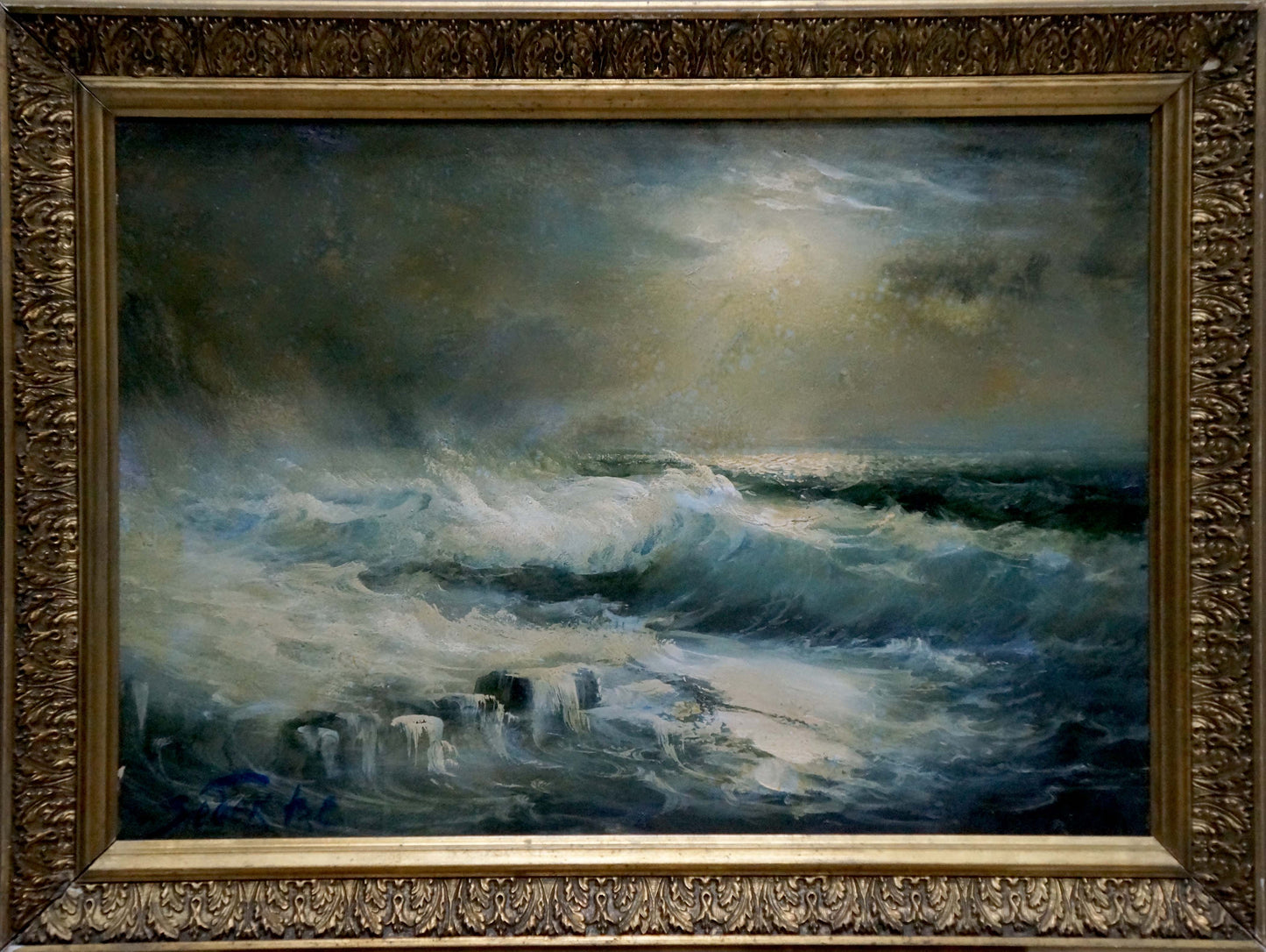 Oil painting Night sea waves by Vladimir Zebek in ornate gold frame