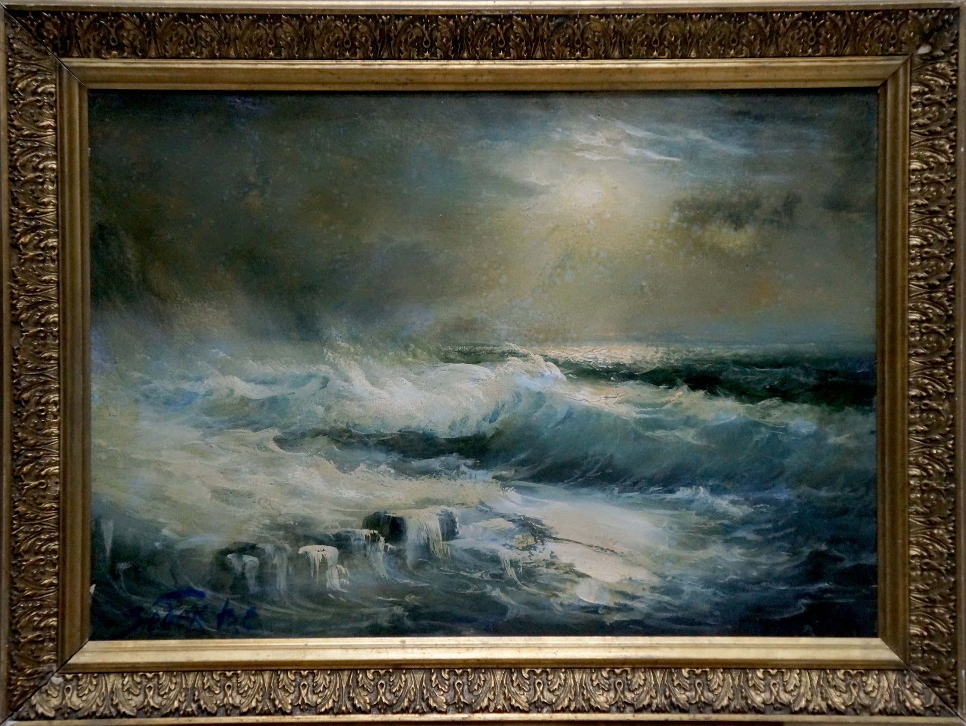 Oil painting Night sea waves by Vladimir Zebek in ornate gold frame