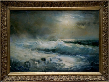 Oil painting Night sea waves by Vladimir Zebek in ornate gold frame