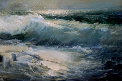 Oil painting Night sea waves by Vladimir Zebek turbulent ocean in blues