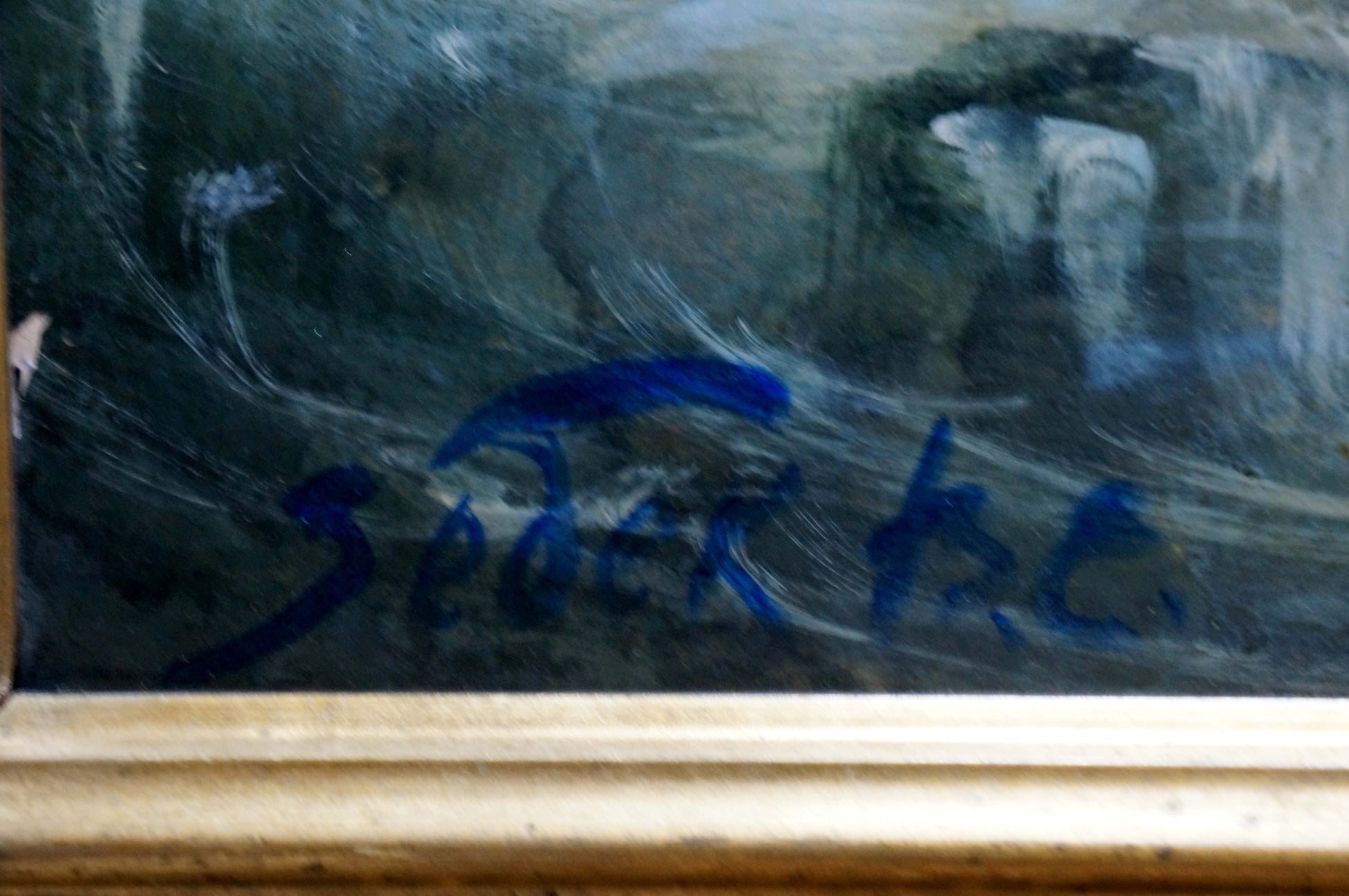 Back of Vladimir Zebek Night sea waves oil painting with seder k.c. blue ink signature under gold frame on textured surface