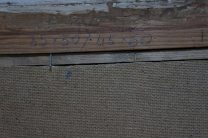 Back of Vladimir Zebek Night sea waves oil painting with weathered wooden frame and etched handwritten measurements