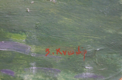 Back of oil painting Mountains landscape by Kushnir Veniamin Vladimirovich, textured green canvas with b. signature