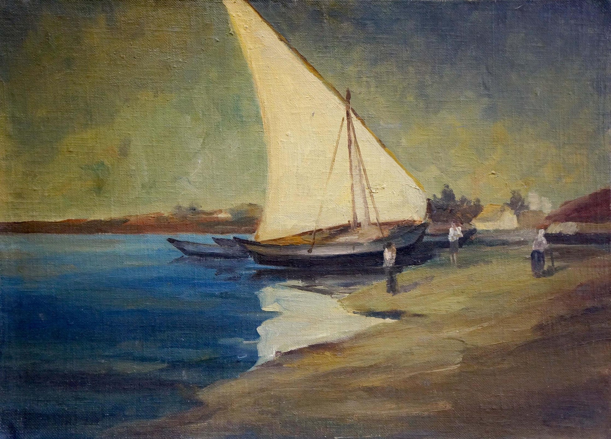 Oil painting of traditional wooden sailboat with cream sail on shoreline