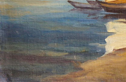 Oil painting Boats by the shore: textured wooden boats on calm blue water near sandy shore