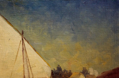 Oil painting of cream tent with brown poles by shore boats under painted sky