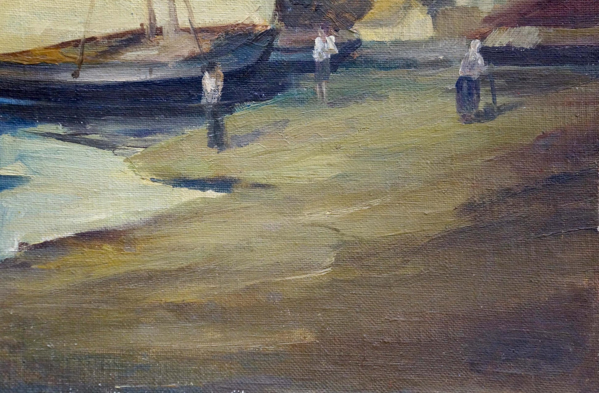 Oil painting Boats by the shore impressionistic harbor scene
