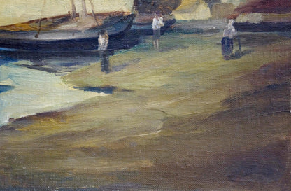 Oil painting Boats by the shore impressionistic harbor scene