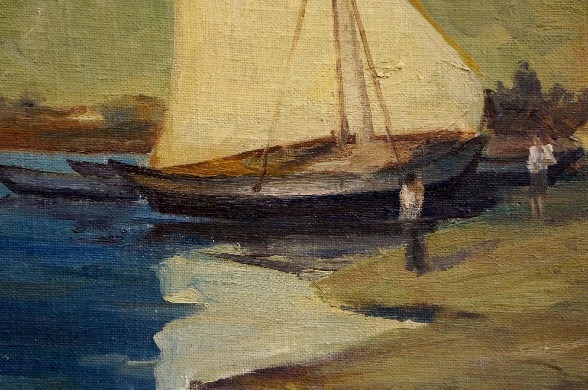 Vintage oil painting of sailboat with cream sails and dark hull by the shore