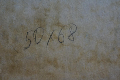 Handwritten ’50x68’’ in black ink on a textured, beige-toned surface.