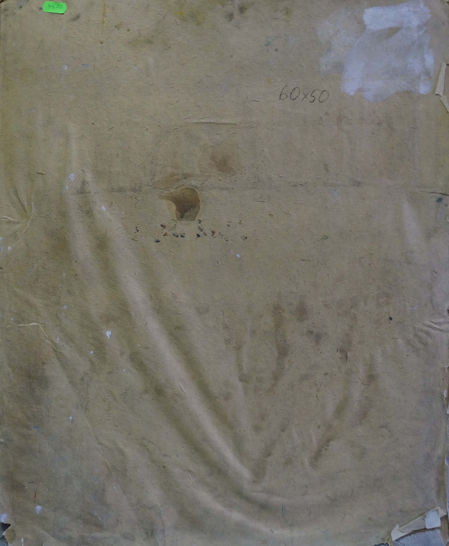 Back of worn beige canvas with creases and hole in Golden autumn oil painting by Kolosovsky Georgy Sergeevich