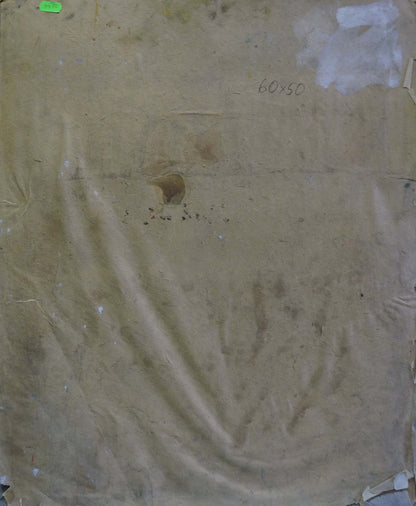 Back of worn beige canvas with creases and hole in Golden autumn oil painting by Kolosovsky Georgy Sergeevich