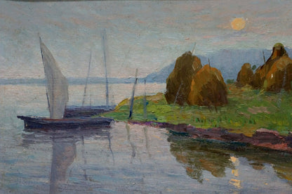 Oil painting Near the shore by Stremsky Alexander Ivanovich serene sailboat twilight