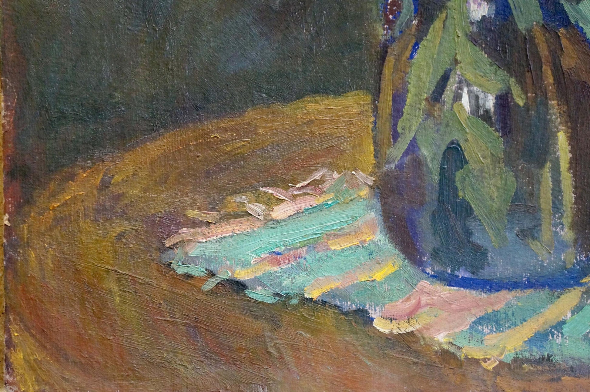 Oil painting vase with lilac, painted glass in green blue hues holding foliage