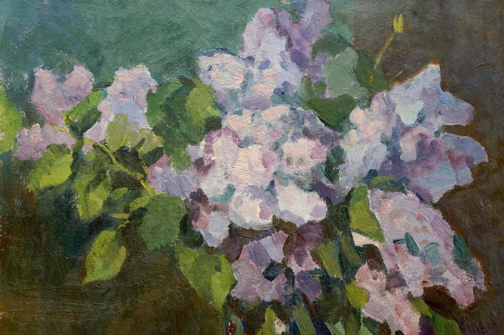 Vibrant oil painting of vase with lush lilac bush in purple blossoms