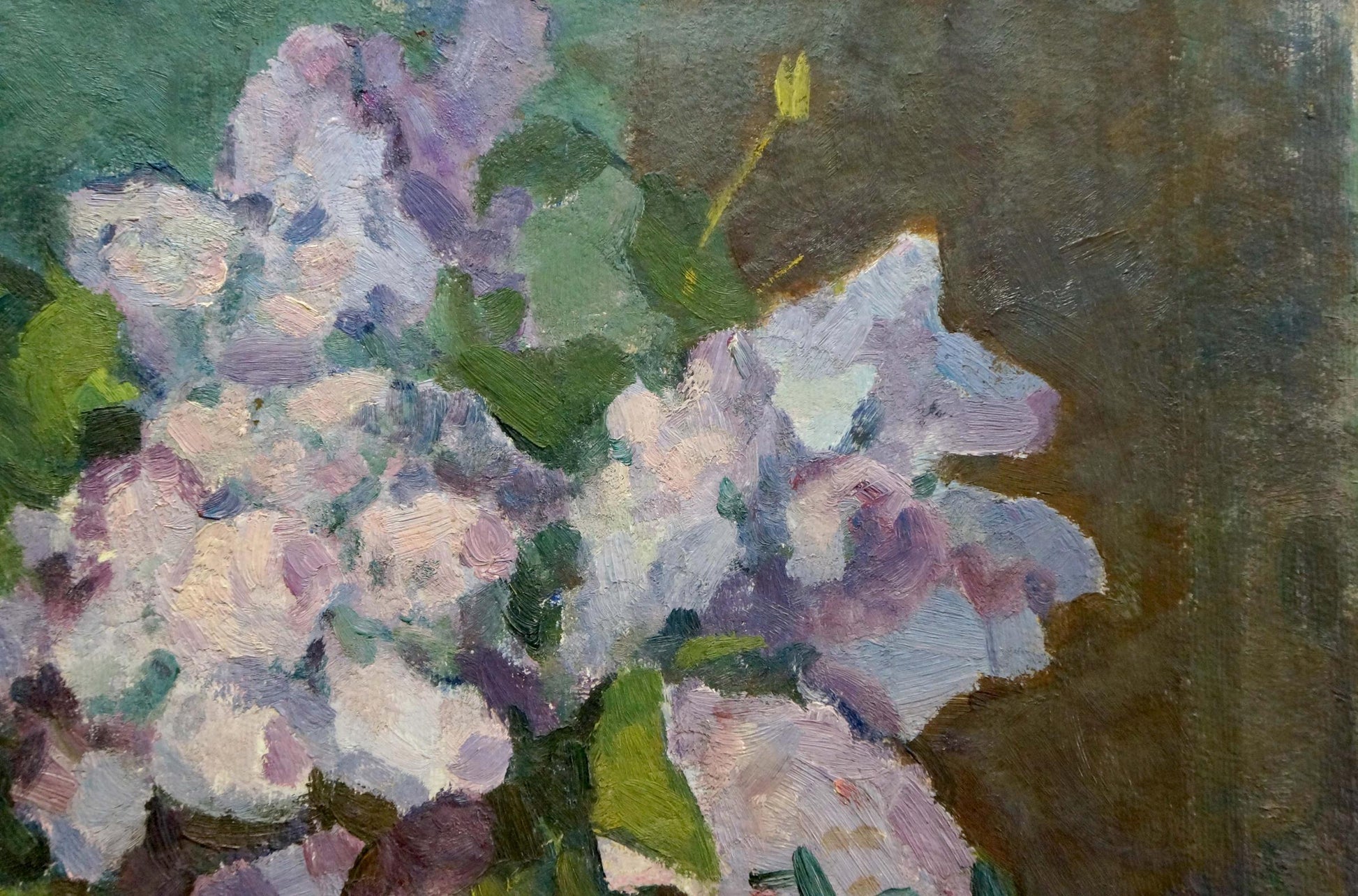 Oil painting of vase with vibrant lilac blossoms and green leaves