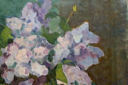 Oil painting of vase with vibrant lilac blossoms and green leaves