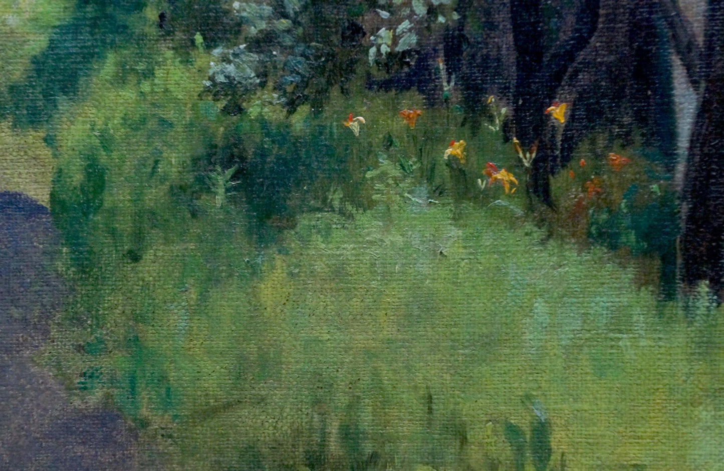Oil painting by Petukhov Alexander Mikhailovich: green field with orange flowers under dark tree canopy