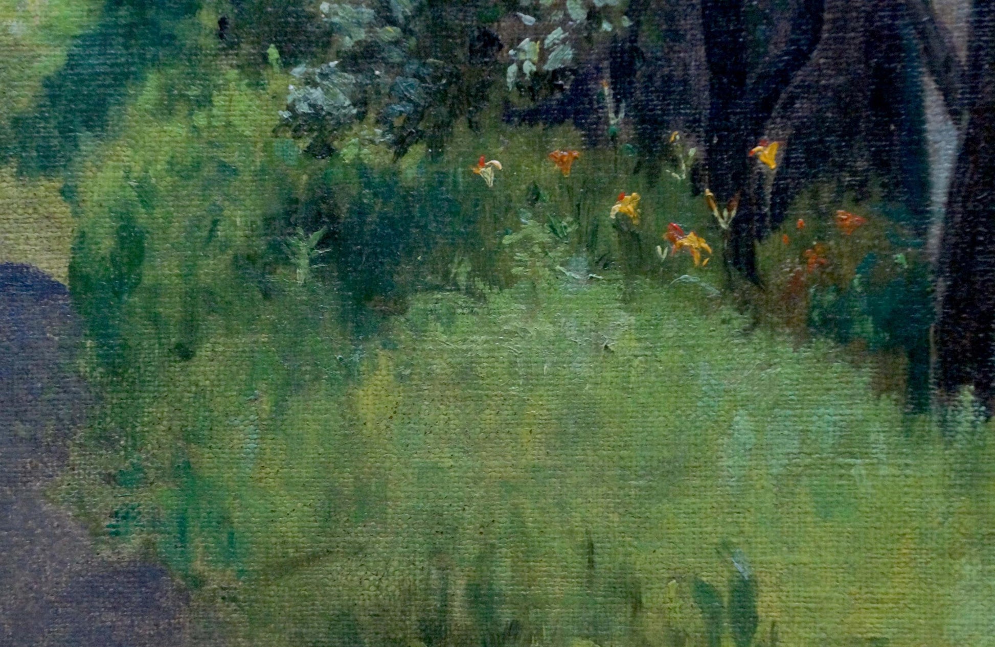 Oil painting by Petukhov Alexander Mikhailovich: green field with orange flowers under dark tree canopy