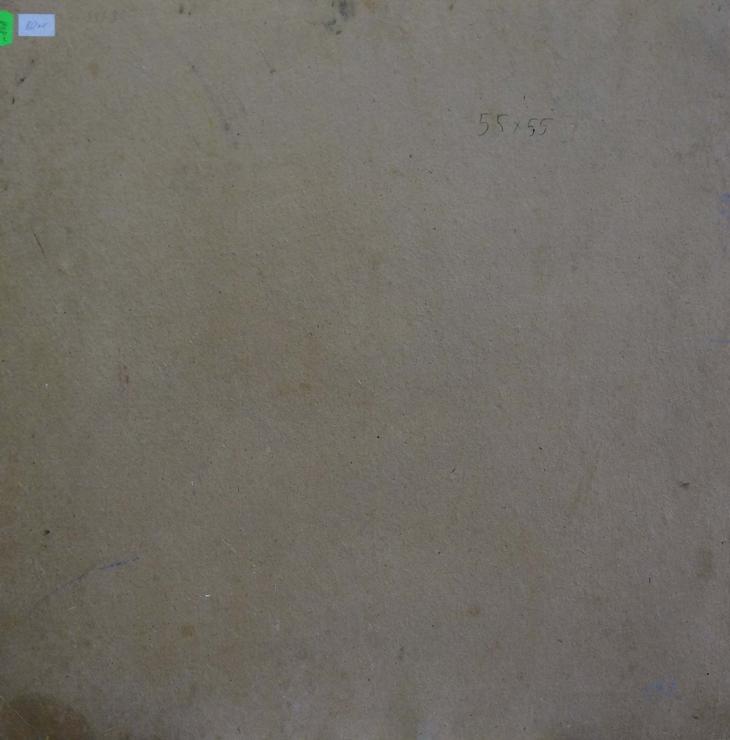 Back of Oil painting Vase with lilac on beige textured surface with green label