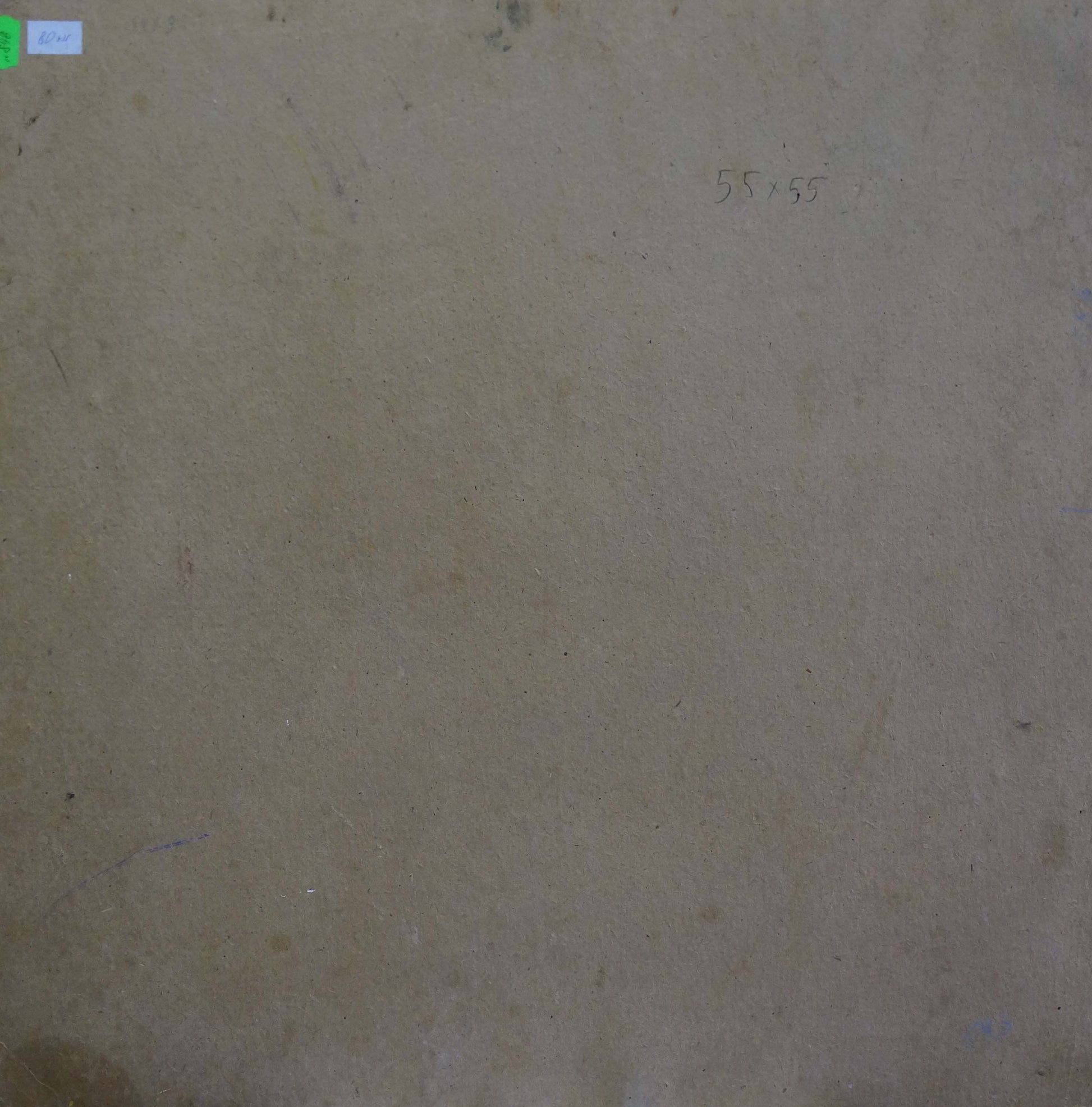 Back of Oil painting Vase with lilac on beige textured surface with green label